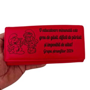 portofel dama rosu personalizat cu text Strumfi