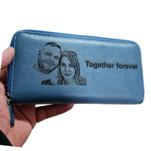 portofel dama piele naturala albastru cu fermoar text liba engleza si poza