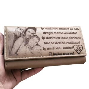 Portofel Personalizat dama, piele naturala, crem La multi ani