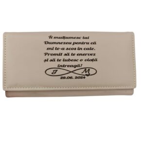 portofel dama beige personalizat cu text O viata intreaga