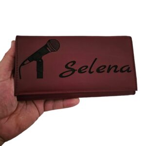 portofel dama piele naturala rosu personalizat cu nume si microfon