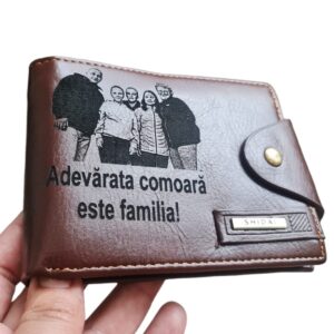 Portofel Personalizat 'Adevarata comoara este familia', barbati, piele, cu capsa, maro