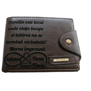 Portofel Personalizat 'Familia este locul', barbati, piele , cu capsa, maro