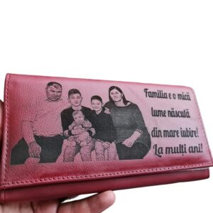 Portofel Personalizat 'Familia este o mica lume', dama, piele naturala, rosu