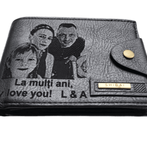 Portofel Personalizat 'La multi ani penb', barbati, piele, cu capsa, negru