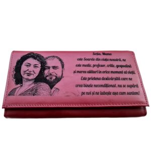 Portofel Personalizat 'Mama este Soarele', dama, piele naturala, rosu