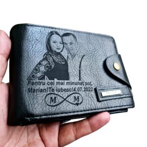 Portofel Personalizat 'Pentru cel mai minunat sot', barbati, piele , cu capsa, negru