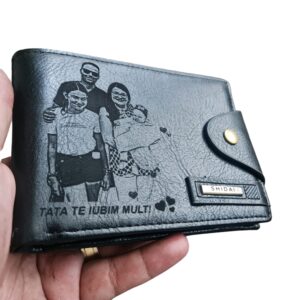 Portofel Personalizat 'Tata te iubim mult', barbati, piele , cu capsa, negru