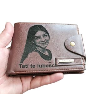 Portofel Personalizat 'Tati te iubesc', barbati, piele , cu capsa, maro