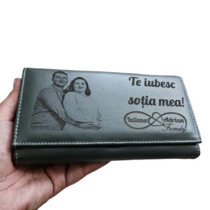 Portofel Personalizat 'Te iubesc sotia mea', dama, piele naturala, negru