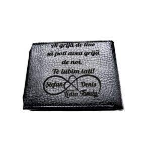 Portofel Personalizat 'Ai grija', barbati, piele , cu capsa, negru