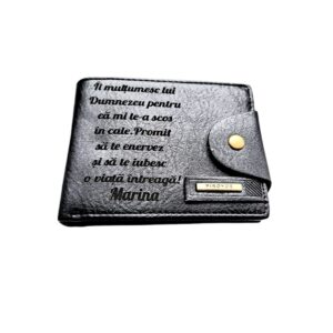 Portofel Personalizat 'Ii multumesc', barbati, piele , cu capsa, negru