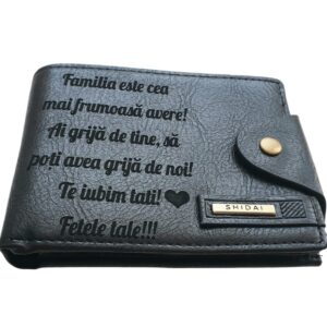 Portofel Personalizat 'Familia este cea mai frumoasa', barbati, piele , cu capsa, negru