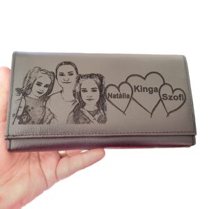 portofel dama  piele naturala negru personalizat cu poza si inimioare