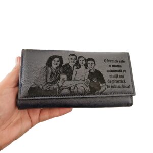cadou personalizat portofel dama piele naturala negru O Bunica