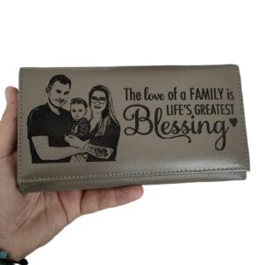 portofel dama gri piele natura cu poza si text in lima engleza